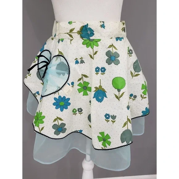 Vintage 1950s Blue Floral Hostess Apron Sheer Organza Overlay Bow Waist Retro