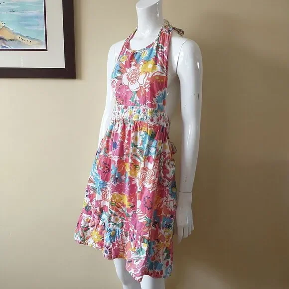 Sur La Tabla Apron Womens Floral 100% Cotton Halter Ties Pockets Bib Colorful