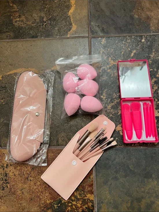 Pink Makeup Brush and Sponge Set with Travel Case