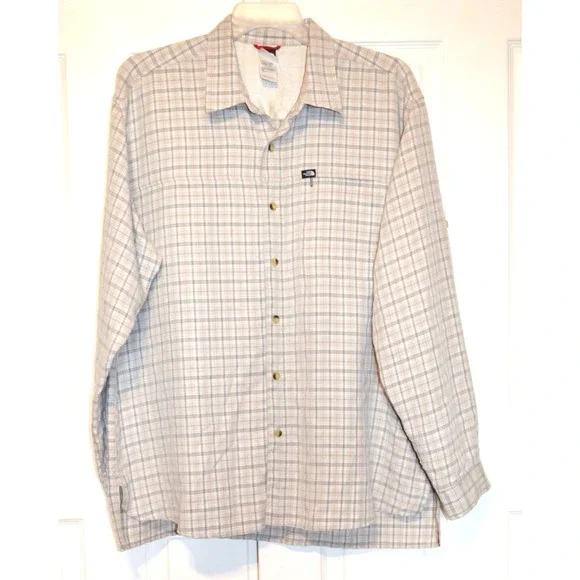 The North Face Long Sleeve Button Up Shirt Men's Size XL Beige Black Plaid‎ Nice