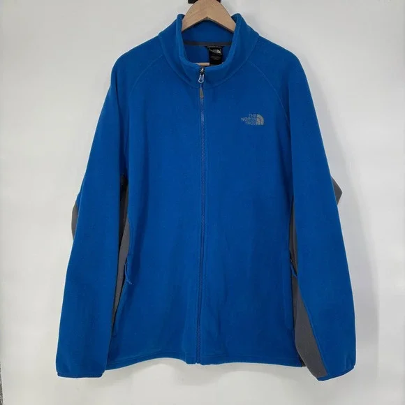 The North Face Mens XXL Blue Full Zip Fleece Jacket Grey Side Panels Outdoors
