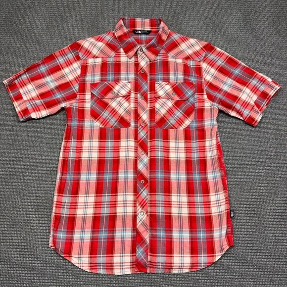 The North Face Mens Red Plaid Short Sleeve Snap Front Western Shirt Small 9307