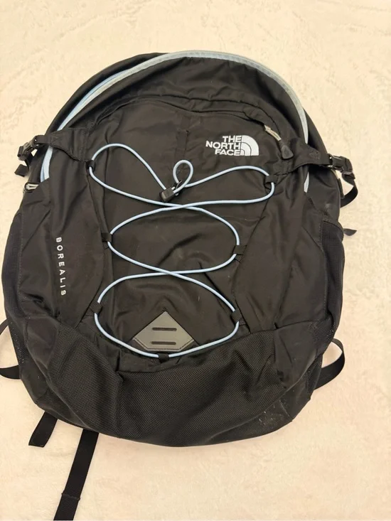 The North Face Borealis Black Backpack with Light Blue Bungee Cord