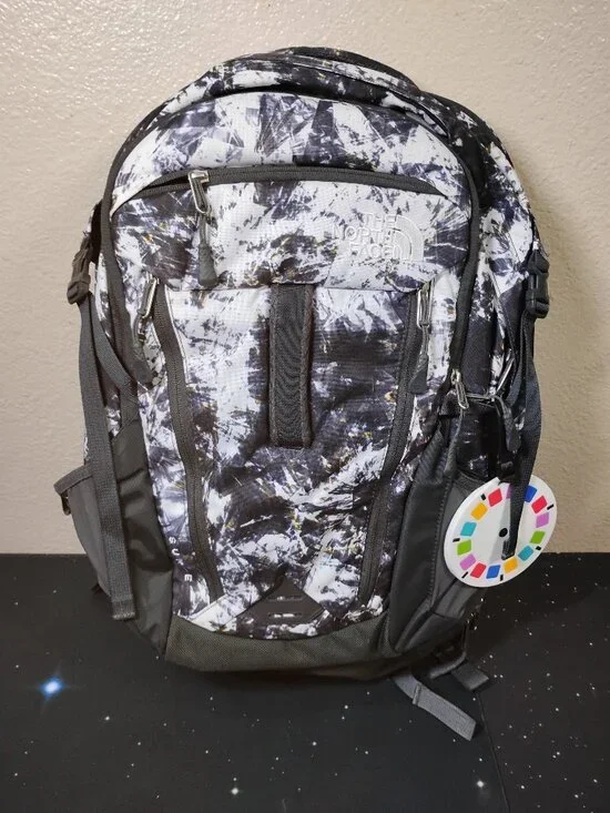 The North Face Surge Backpack Black White Geo Print FlexVent School Travel Tech