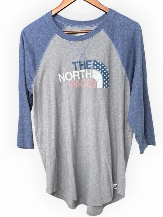 The North Face Americana Baseball Tee Heather Grey Blue 3/4 Raglan Shirt Large