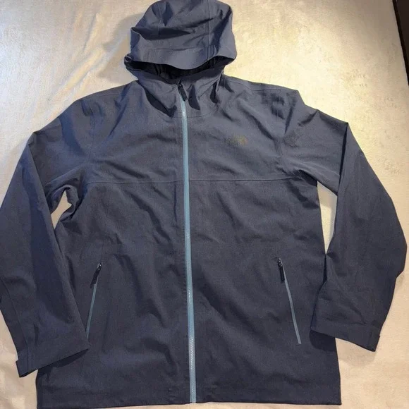 The North Face Mens XL Blue Heather Hooded Softshell Zip Jacket Rain Barr Lake