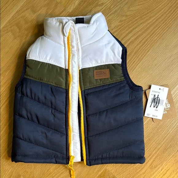 Eddie Bauer Kids Puffer Vest - Navy/White/Olive with Yellow Trim