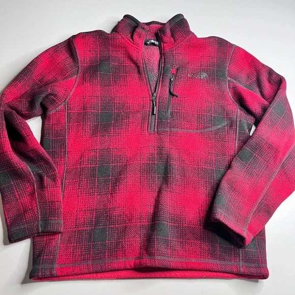The North Face Mens Red Black Plaid Quarter Zip‎ Fleece Pullover Jacket Size M