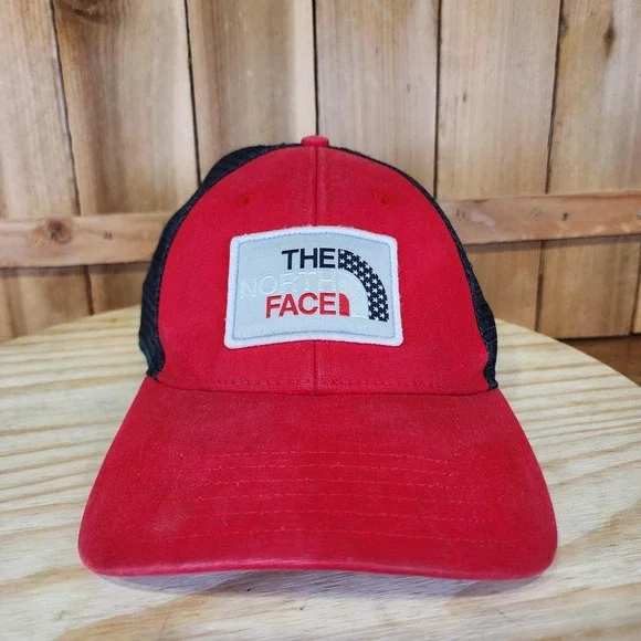 The North Face Hat Cap Snap Back Trucker Red Mesh‎ USA Flag Adjustable Mens OS