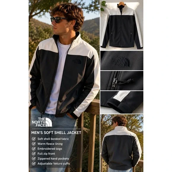 The North Face Men's Soft Shell Jacket Black White Full Zip Fleece Lined Sz Sml