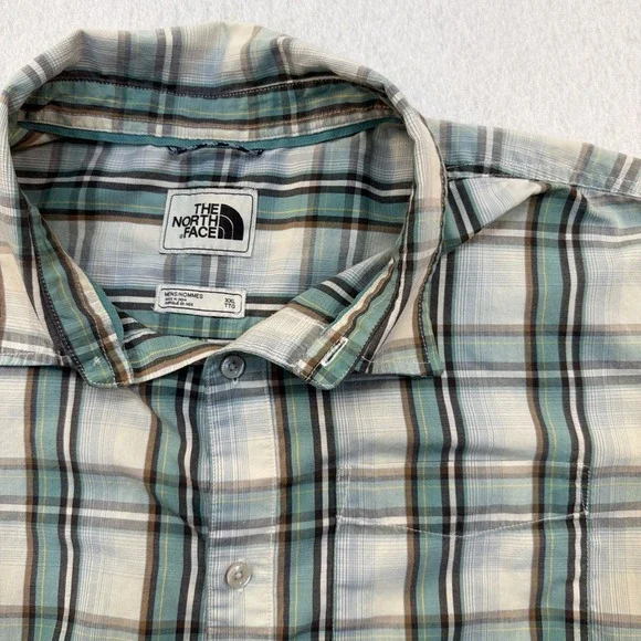 The North Face Shirt Mens 2XL Outdoor Hiking Button Up Green Plaid‎ Short Sleeve