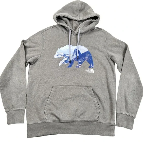 The North Face Bear Graphic Hoodie Sweatshirt‎ Mens Medium Gray Pullover Read*