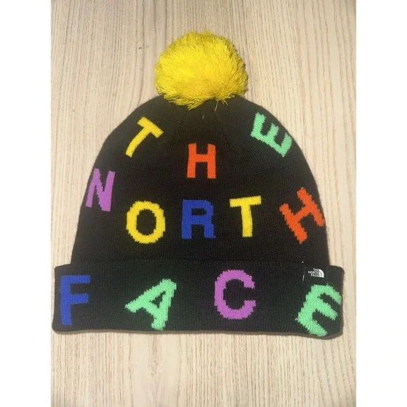 The North Face Black Yellow Multicolor Knit Beanie‎ Pom-Pom Unisex Beanie Hat