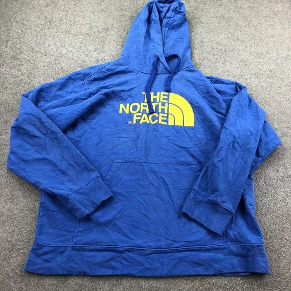 The North Face Hoodie Mens Large Blue Pullover Fleece Sweatshirt Big Logo Front