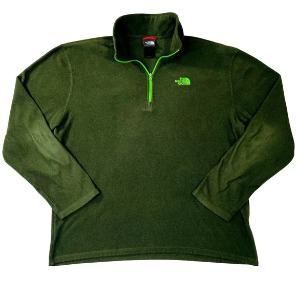 The North Face Mens L TKA 100 1/4 Zip Fleece Pullover Olive Green Neon Lime Logo