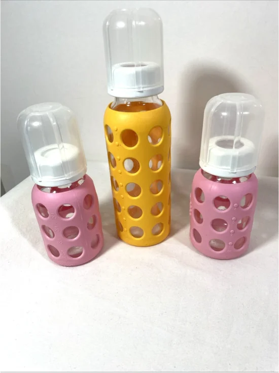LIFE FACTORY Glass Baby Bottles W/Lids & Silicone Sleeves 4 & 9 Ounce Lot of 3