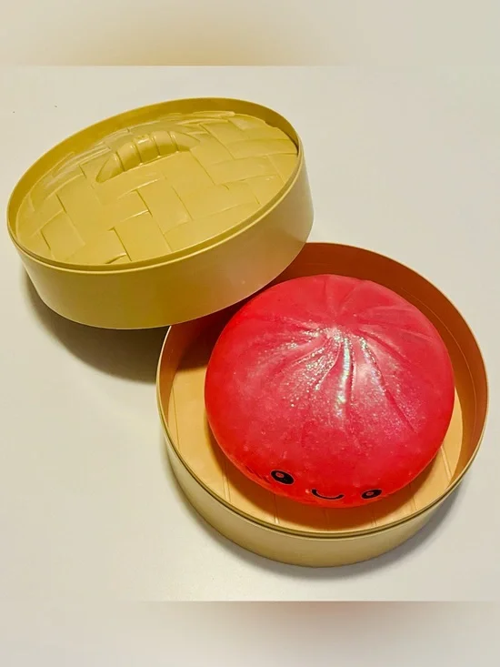 Giant Hot Pink Steamed Bun Squishy in Round Bamboo Box