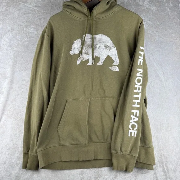 The North Face Mens XXL Olive Green Grizzly Bear Graphic Sleeve Logo Hoodie