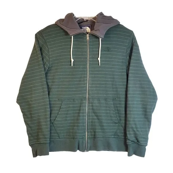 The North Face Men's Medium Green Striped Cotton Zip Up Lined Hoodie Y2K Style