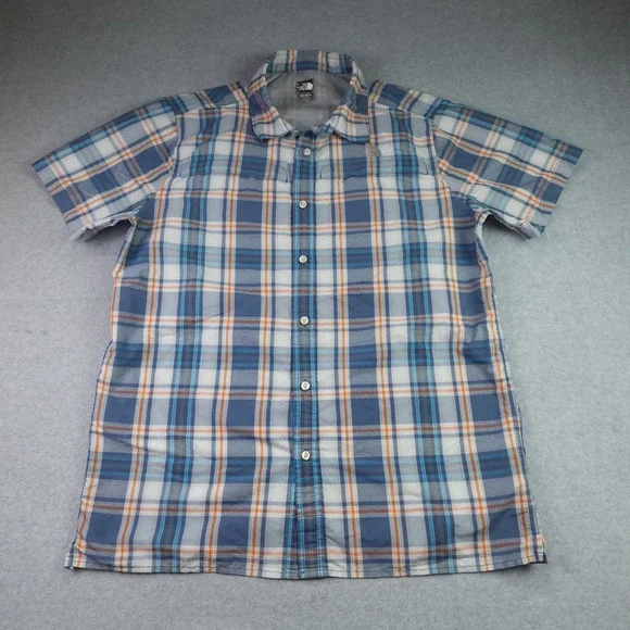 The North Face Shirt Mens Medium Blue Orange Plaid Short Sleeve Hiking