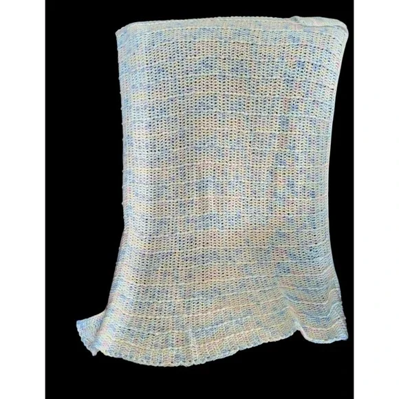 vintage handmade crochet pastel baby‎ blanket pink blue yellow 40x33 Afghan