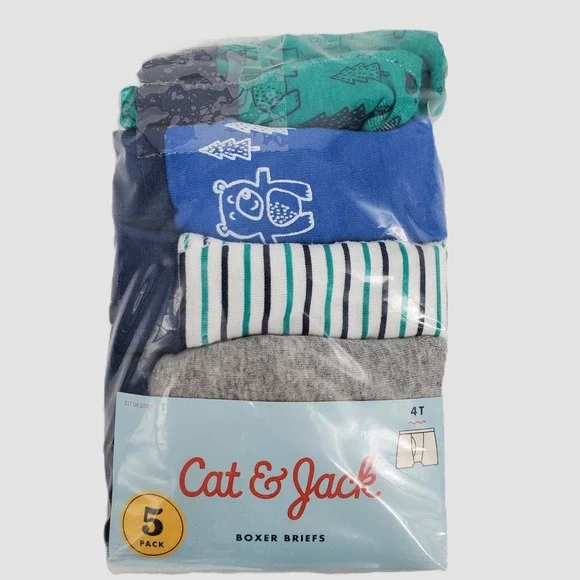 Cat & Jack‎ Boys Size 4T Boxer Briefs 5 Pack Blue Green Bear Stripes 100% Cotton