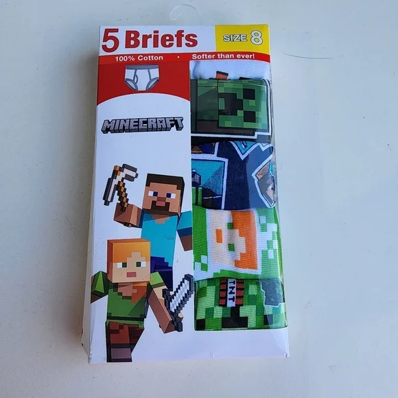 NWT Handcraft 5 Pack MineCraft Boys Briefs Cotton Multi Colors 100% Cotton Sz 8
