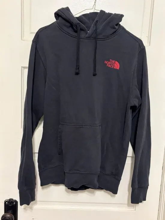 North Face Men Sz Small Black Hoodie Red Logo Never Stop Exploring Outdoor