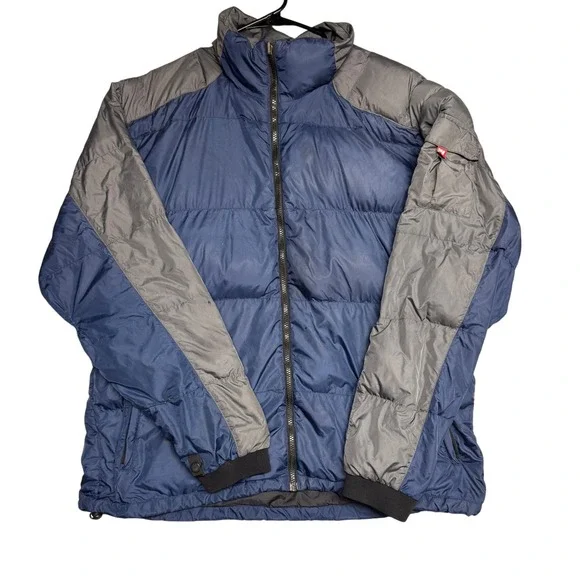Vintage North Face XL Goose Down Puffer Jacket Navy Blue Grey Full Zip Damage