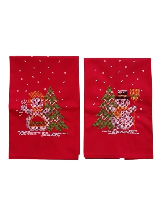 Vintage Mid Century Christmas Hand Towels Hand Embroidered Snowman Pair
