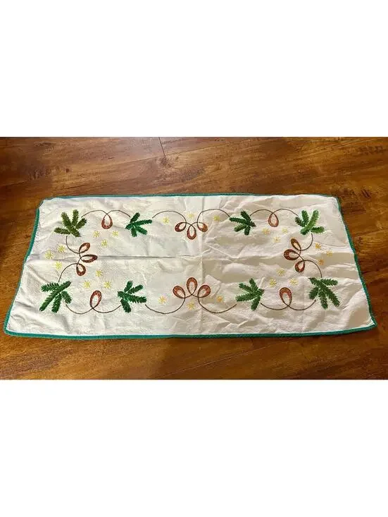 Vintage Handmade Christmas Embroidered Half Table Runner or Short Runner