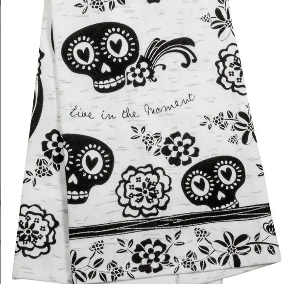 Boho Sugar Skull Tea Towel Set, Black & White Cotton Kitchen Hand Towel Home Dec