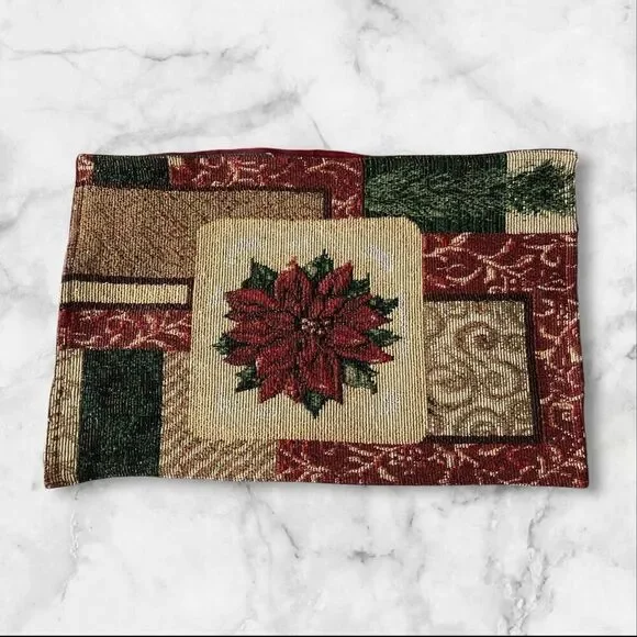 Set of 8 Cloth Metallic Embellished Holiday Poinsettia Placemats 11” x 8” Burgun
