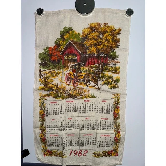 Vintage 1982 Linen Calendar Tea Towel Covered Bridge Horse Carriage Americana