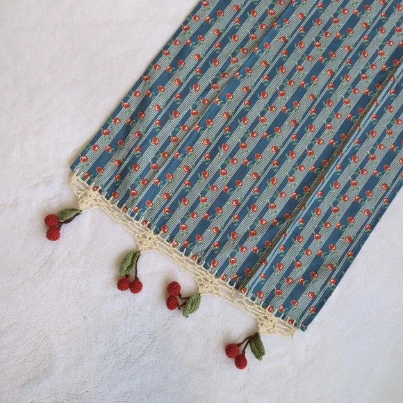 Vintage Cherry Kitchen Towel Crocheted Cherry Tassels Blue Stripe Cottagecore
