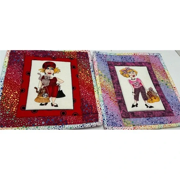 Quilted Pot‎ Holders Cat Lady Whimsical Cotton Set of 2 Multi Color