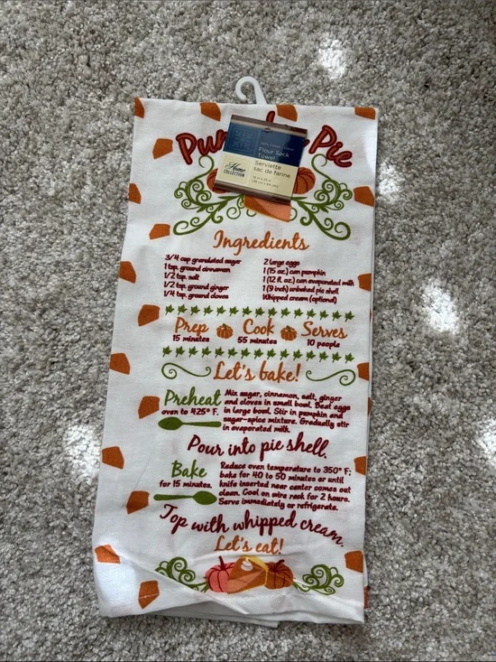Pumpkin Pie Recipe Kitchen Towel - White and Orange single tea towel
