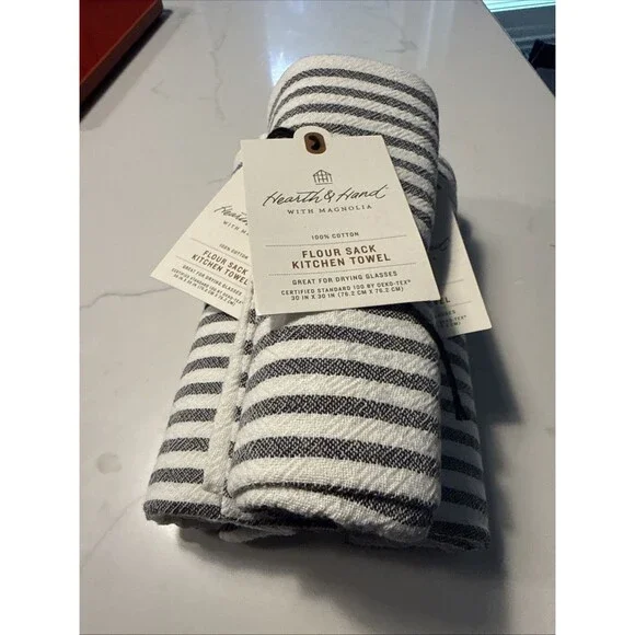 x3 Magnolia Hearth Hand Kitchen Flour Sack Dish Towel Stripe Charcoal Gray ⬜️