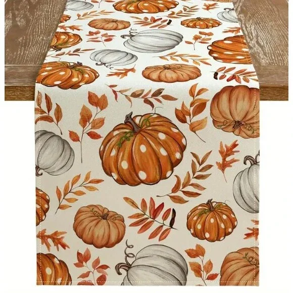 Fall Table Runner 13x72in Woven Polyester Pumpkins Leaves