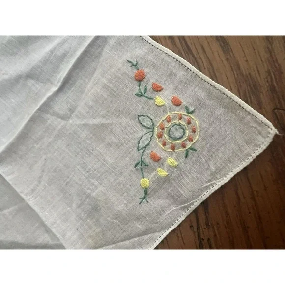 White Handkerchief with Embroidered Floral Corner Design