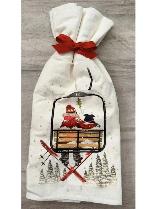 Mary Lake-Thompson Ltd. 2 Flour Sack Kitchen Towels 30x30 Christmas Santa Skiing