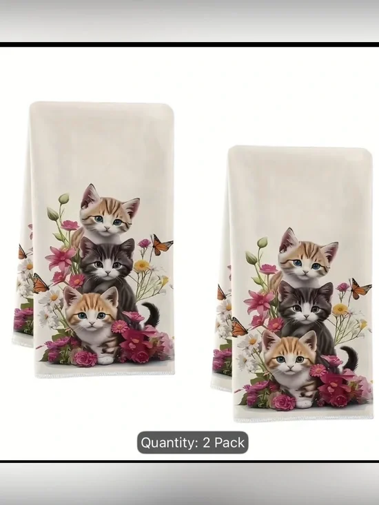 NWT Cute Kitten Floral Hand Towels Set of 2 Coquette Cottagecore Cat Decor