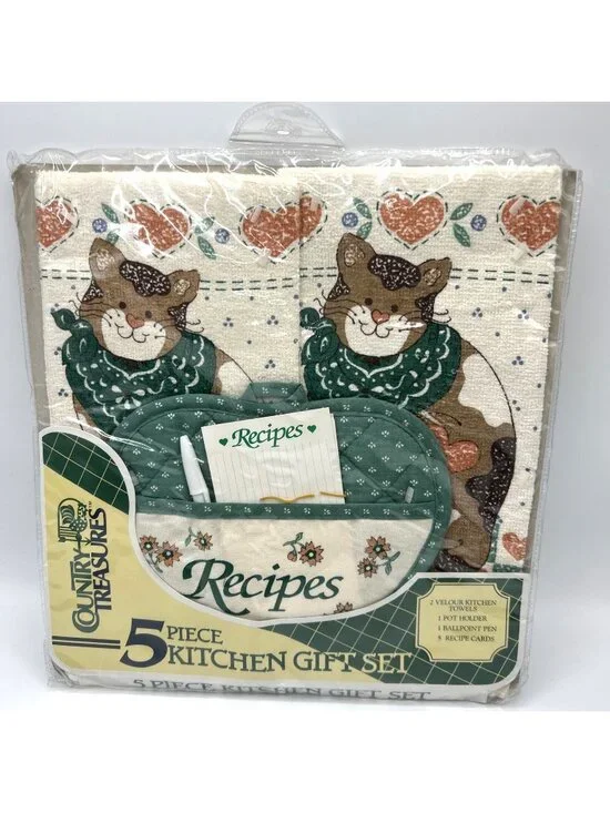 Country Treasures Calico Cat Kitchen Towel Set Potholder Pen Recipe Cards