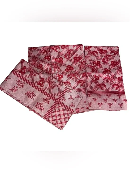 Set of 4 red cherry cherries tea dish towels  Well Equipped Kitchen