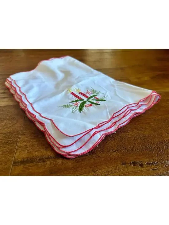 Set of 8 Vintage Embroidered Cloth Napkins (7 rectangle 1 square) Candles Berry