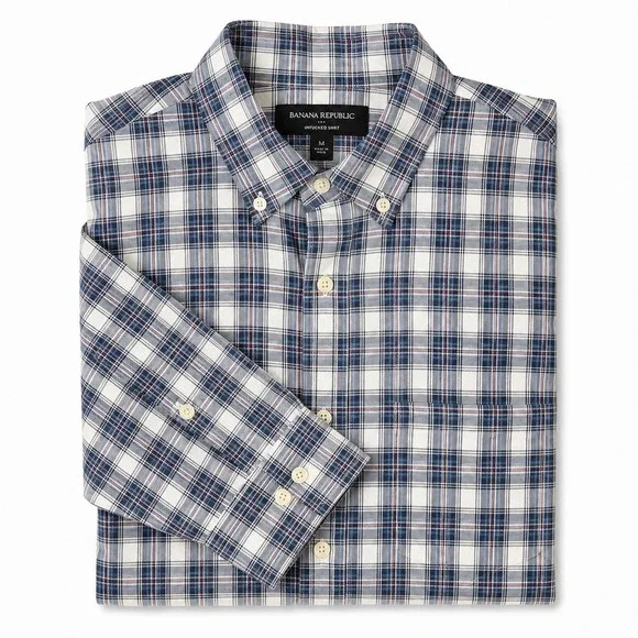 Banana Republic Mens Medium Untucked Shirt Blue Plaid Button Front 100% Cotton