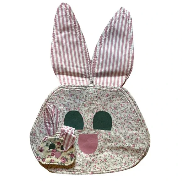 Floral Bunny Placemat & Napkin Holder Coaster Set With‎ Pink Striped Ears Easter
