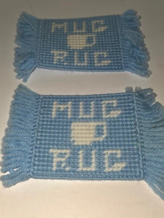 2 Vintage Retro Mug Rug Coaster Light Blue Fringed Embroidered Handmade