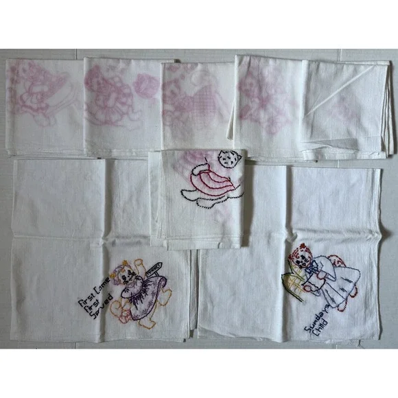 8 Vintage Cat Hand Embroidered Flour Sack Towels - Project to Complete!‎