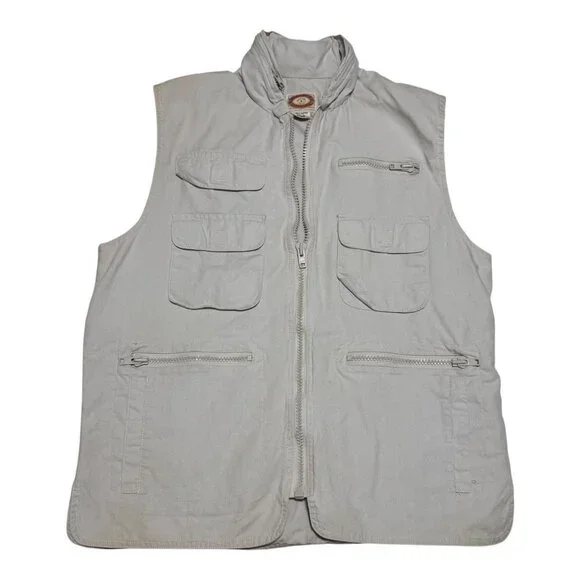 Vintage 80s Banana Republic Utility Vest Men's Large Khaki Zip‎ Pockets Hood